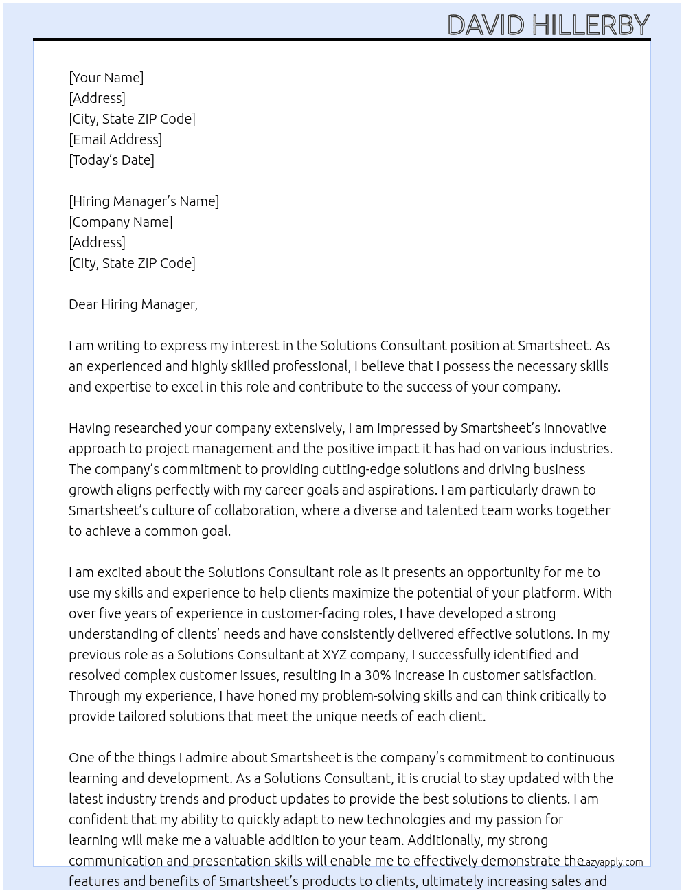 Solutions Consultant At Smarsheet Cover Letter