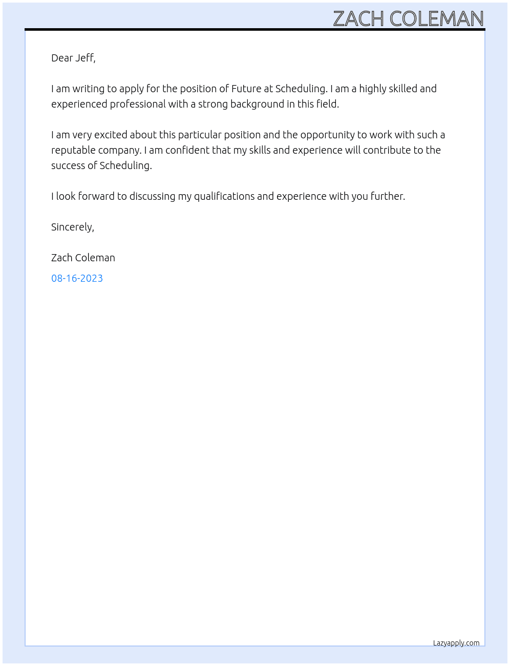 Future  At Scheduling Cover Letter