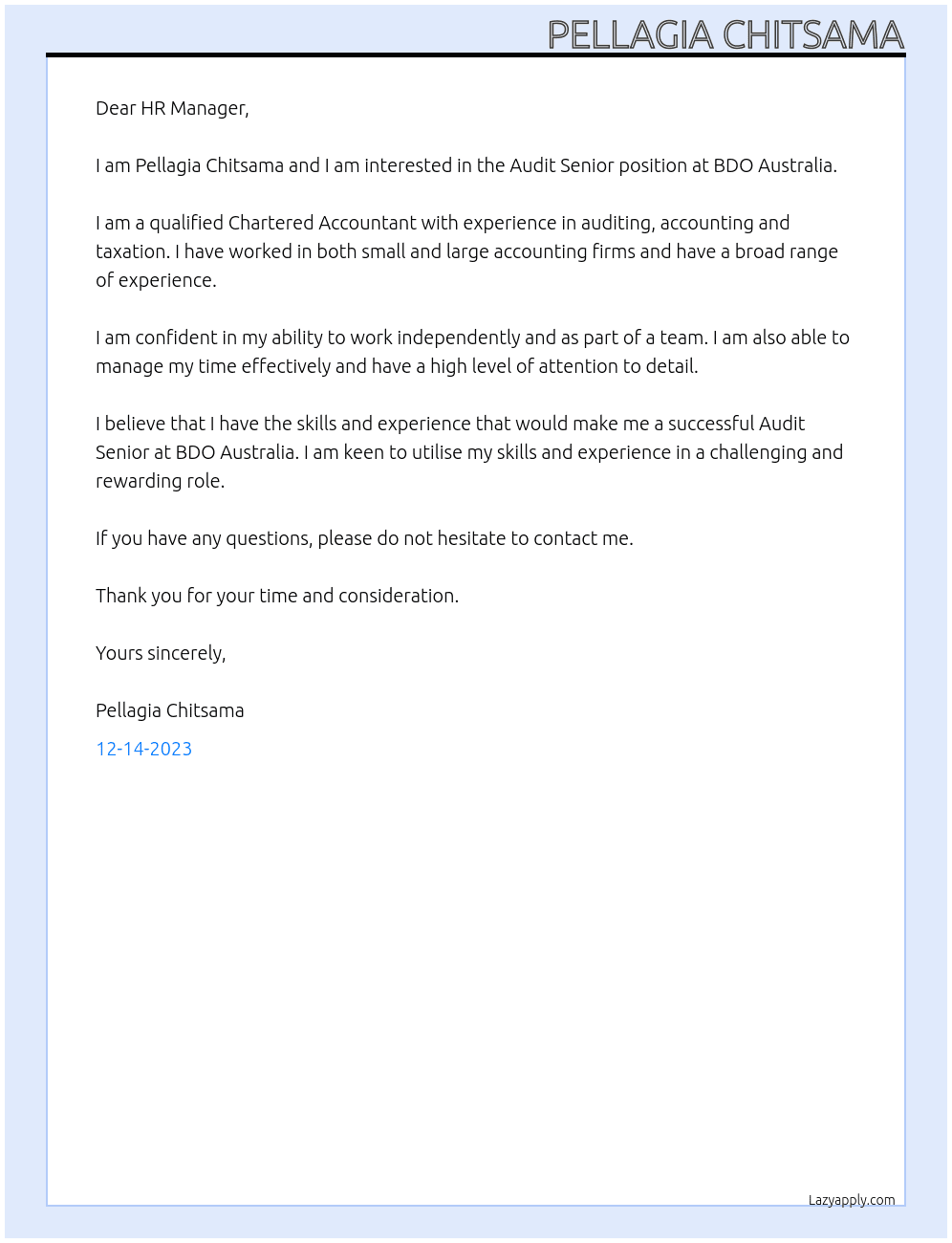 Audit senior At BDO Australia Cover Letter