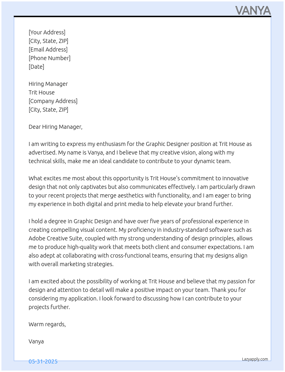 Graphic Designer At Trit House Cover Letter