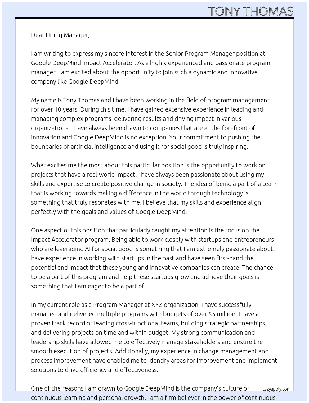 Senior Program Manager, Google DeepMind Impact Accelerator At Google DeepMind Cover Letter