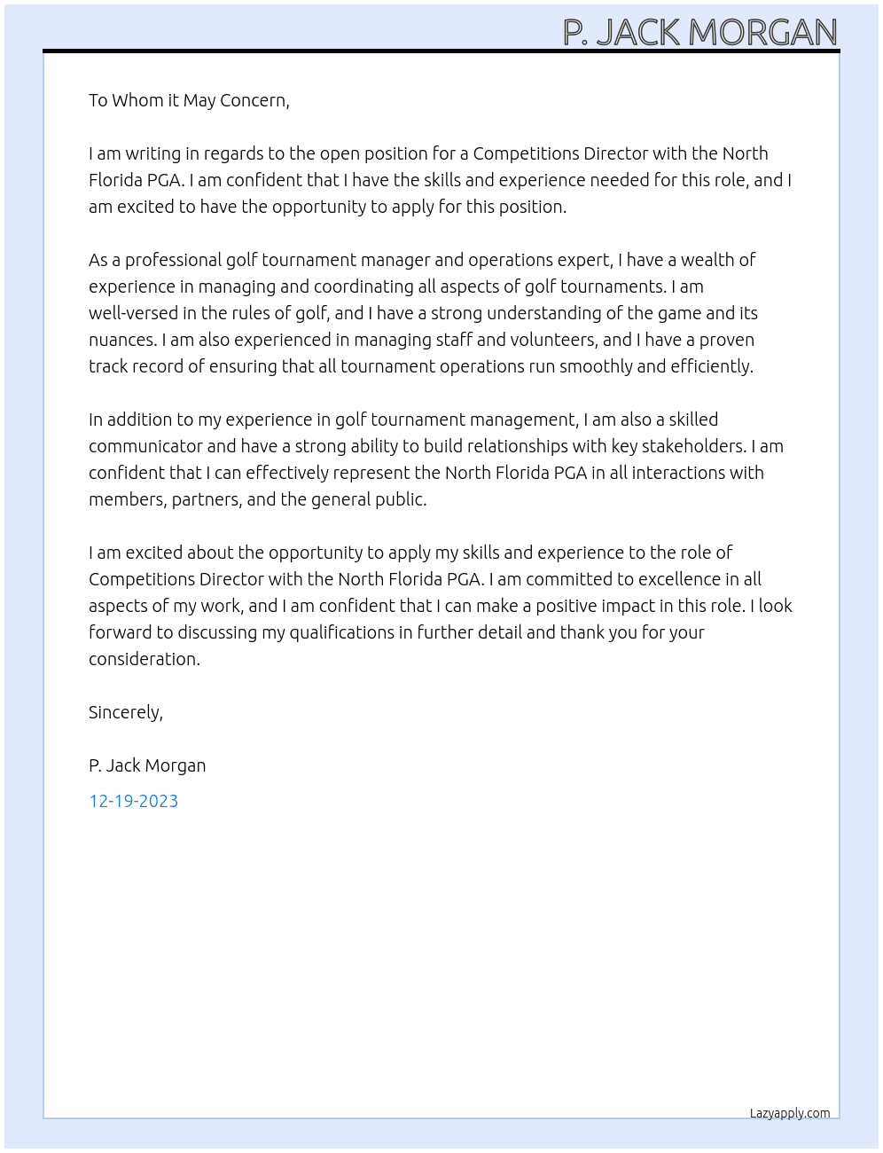 Competitions Director At North Florida PGA Cover Letter