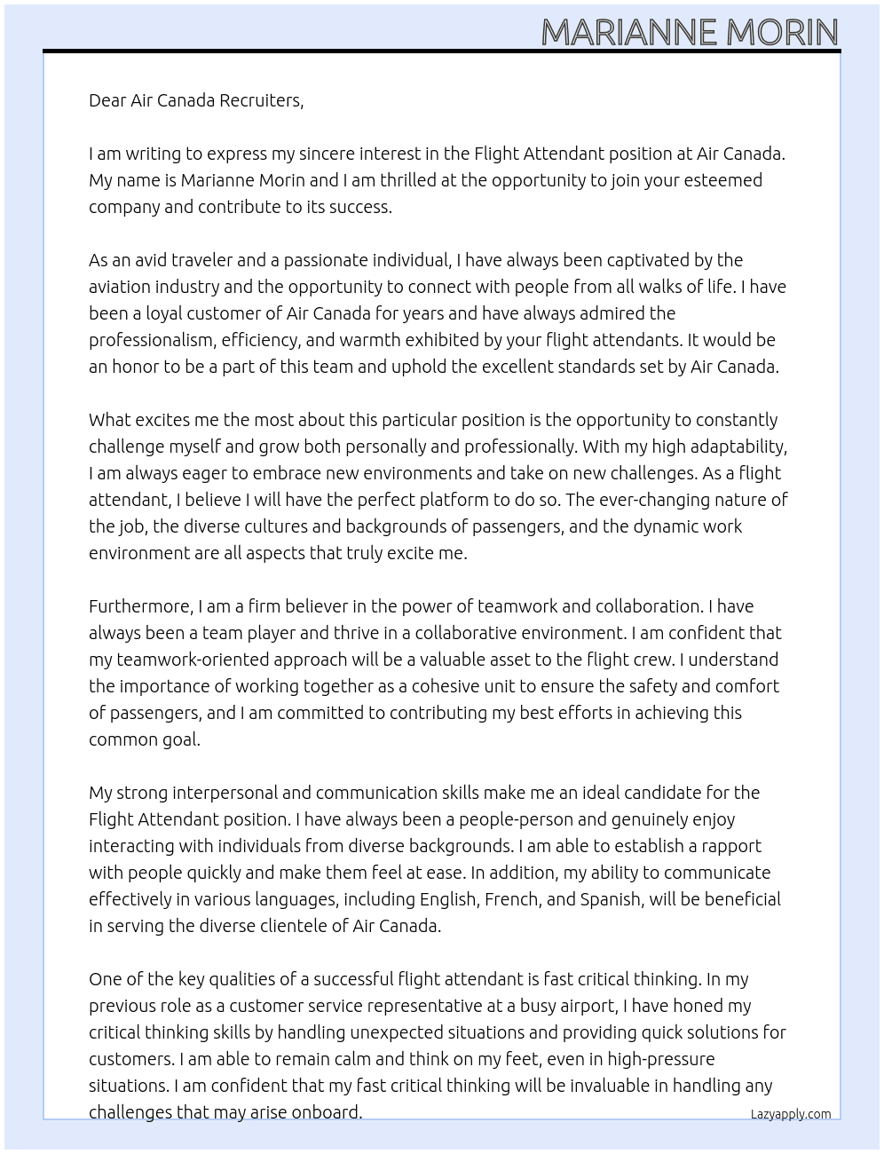 flight attendant  At Air Canada Cover Letter