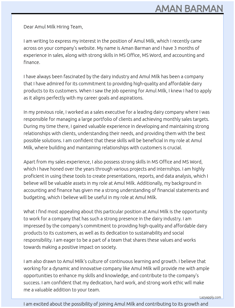 Amul milk At Amul milk Cover Letter