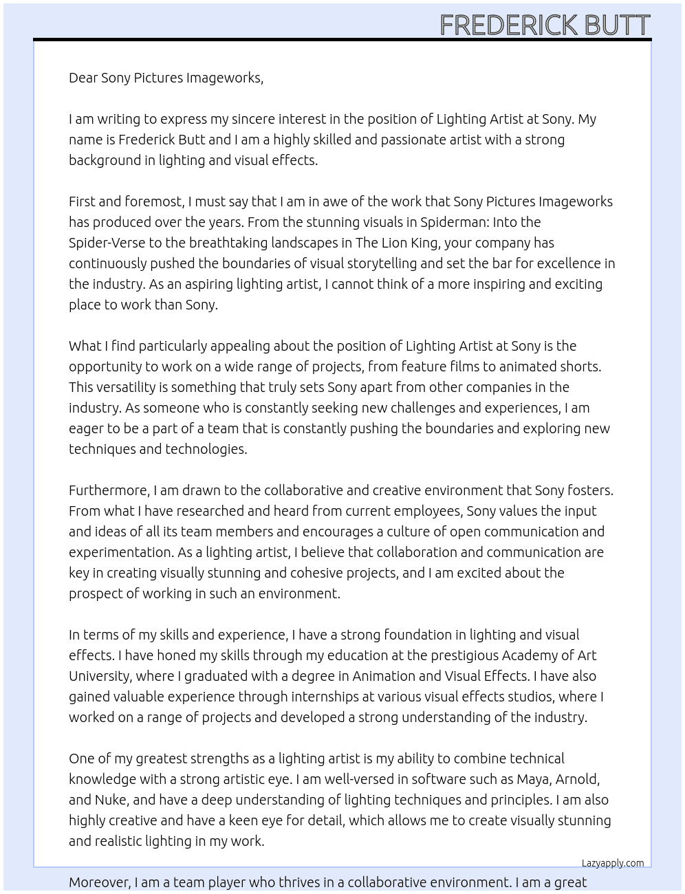 Lighting Artist At Sony Cover Letter