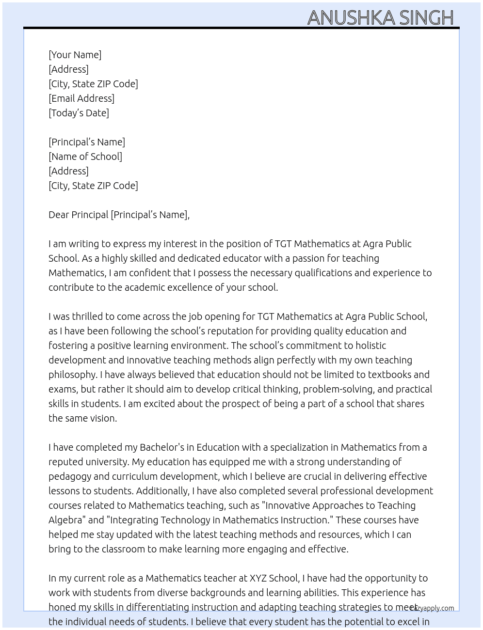 TGT MATHEMATICS  At Agra public school Cover Letter