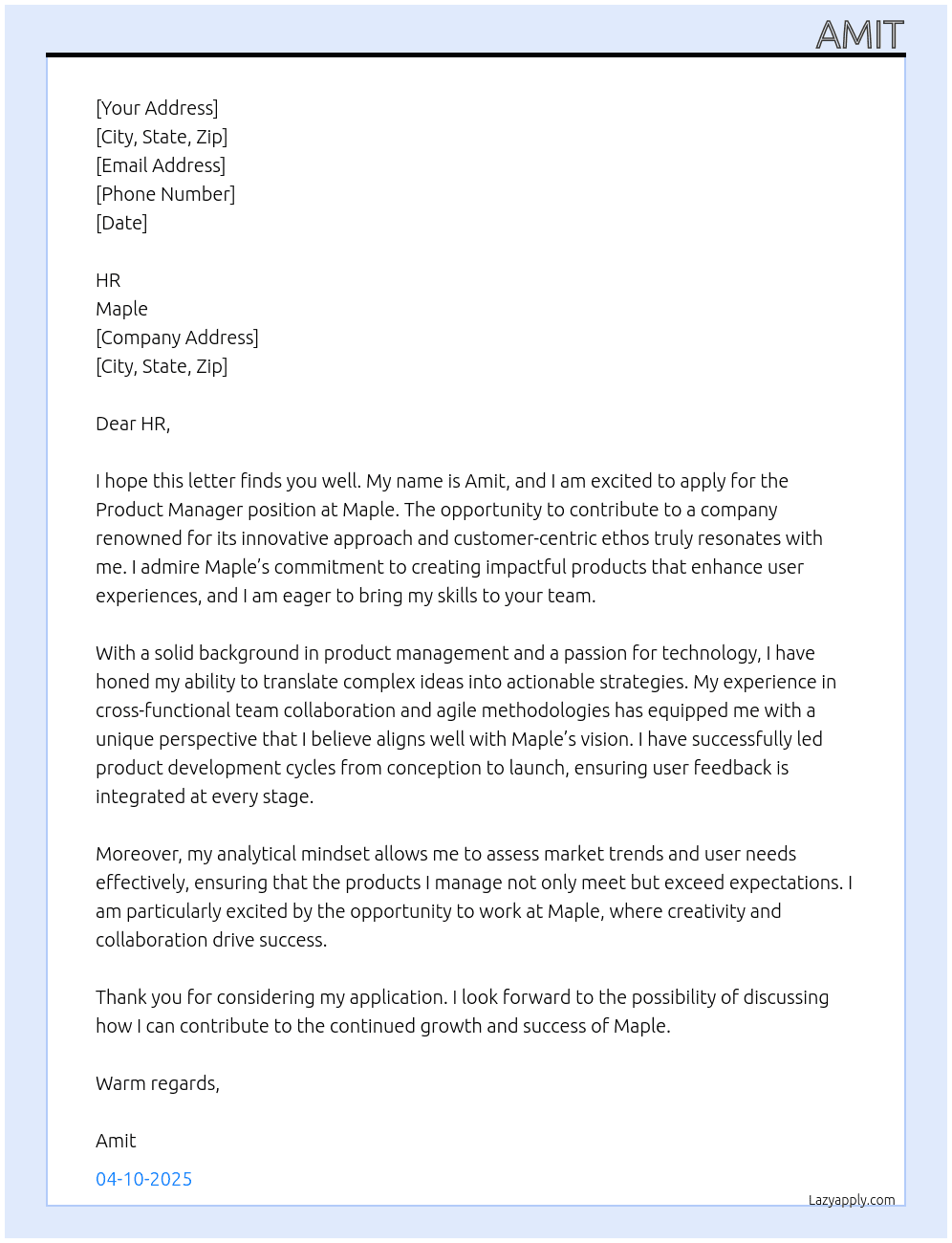 prodict mnager At Maple Cover Letter