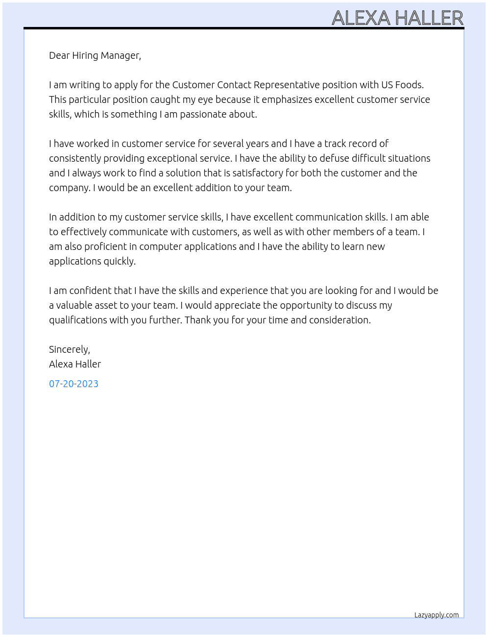 Customer Contact Representative  At US Foods Cover Letter