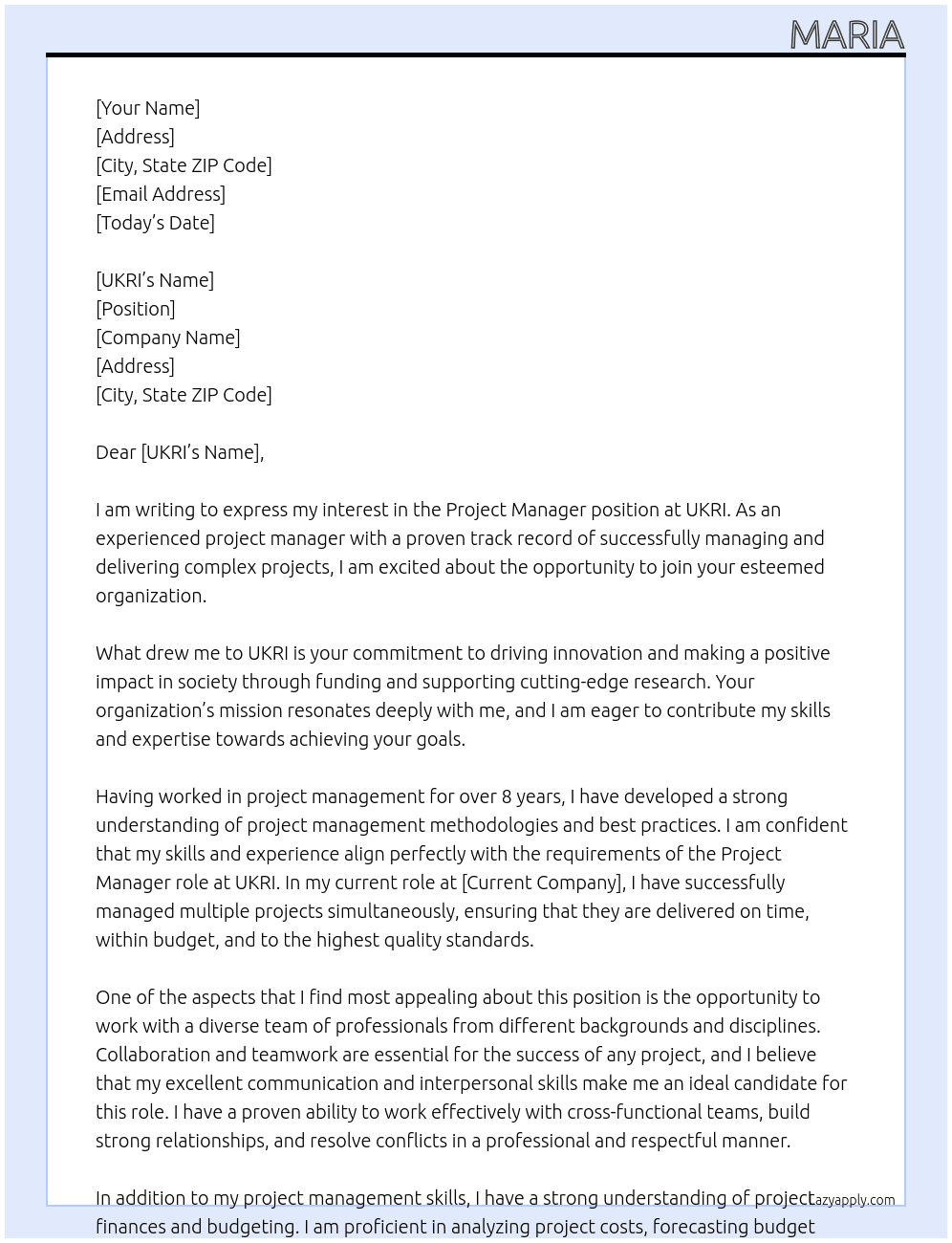 Project Manager  At UKRI Cover Letter
