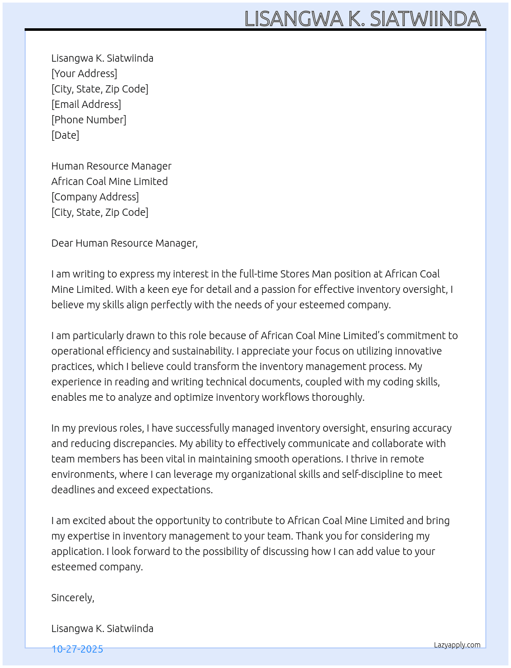 Stores man At African Coal Mine Limited  Cover Letter