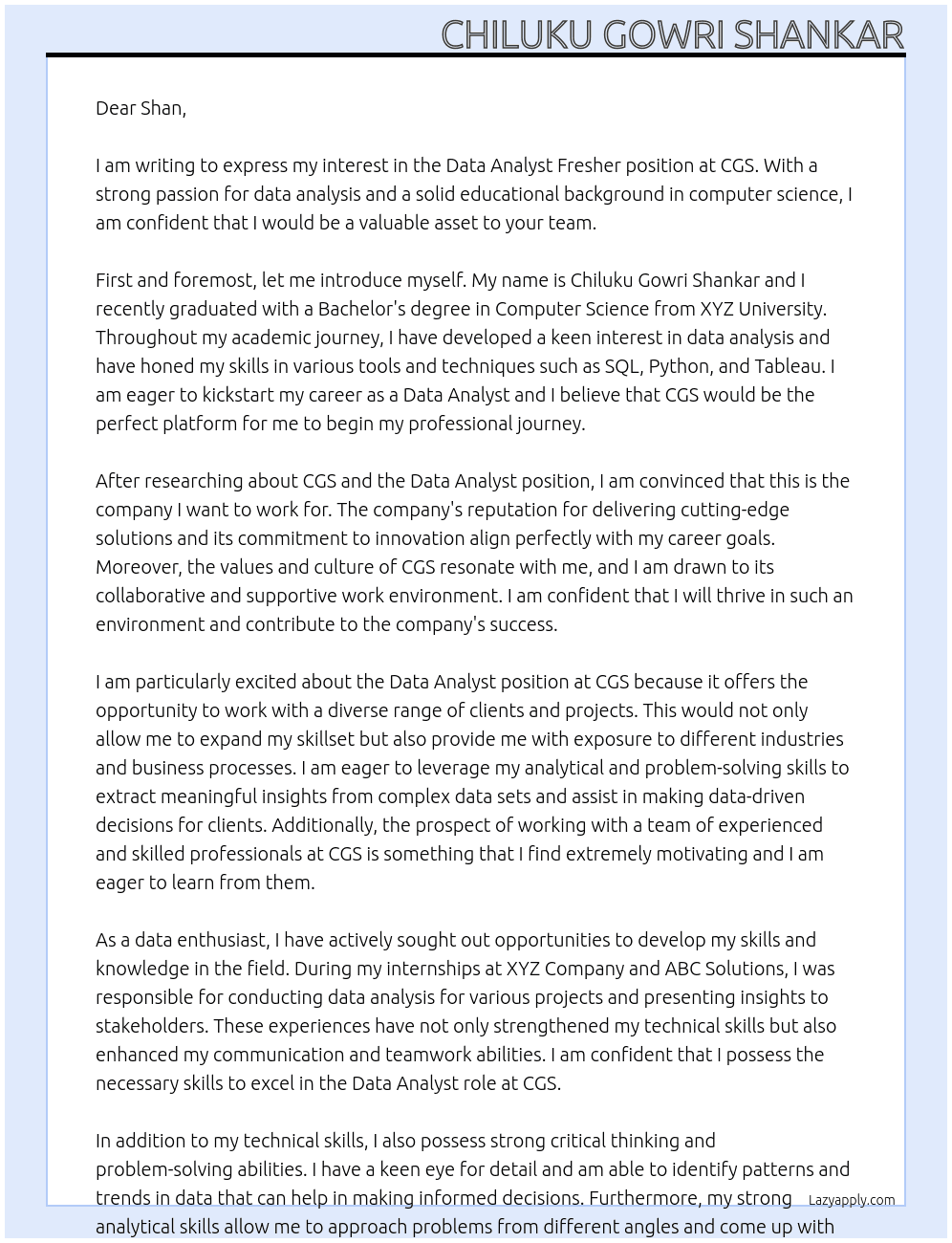 Data Analyst Fresher At cgs Cover Letter