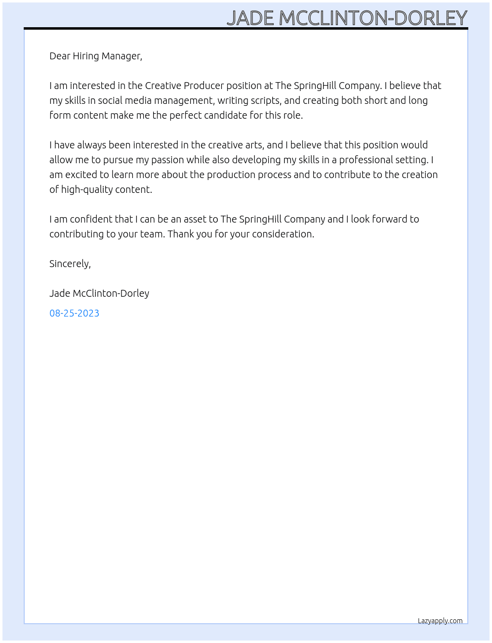 Creative Producer At The SpringHill Company Cover Letter