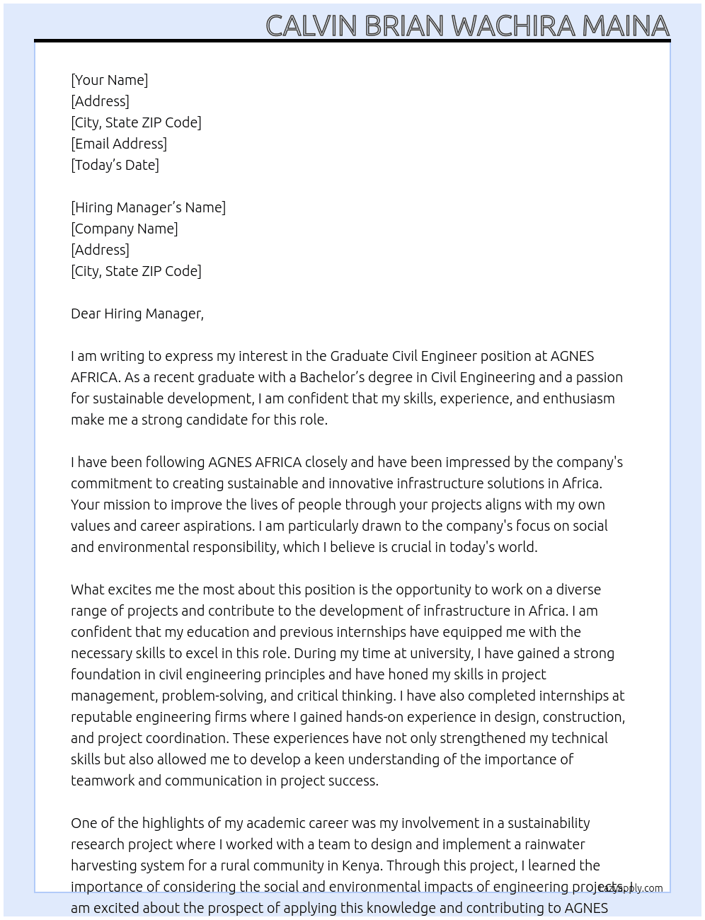 Graduate Civil Engineer At AGNES AFRICA Cover Letter