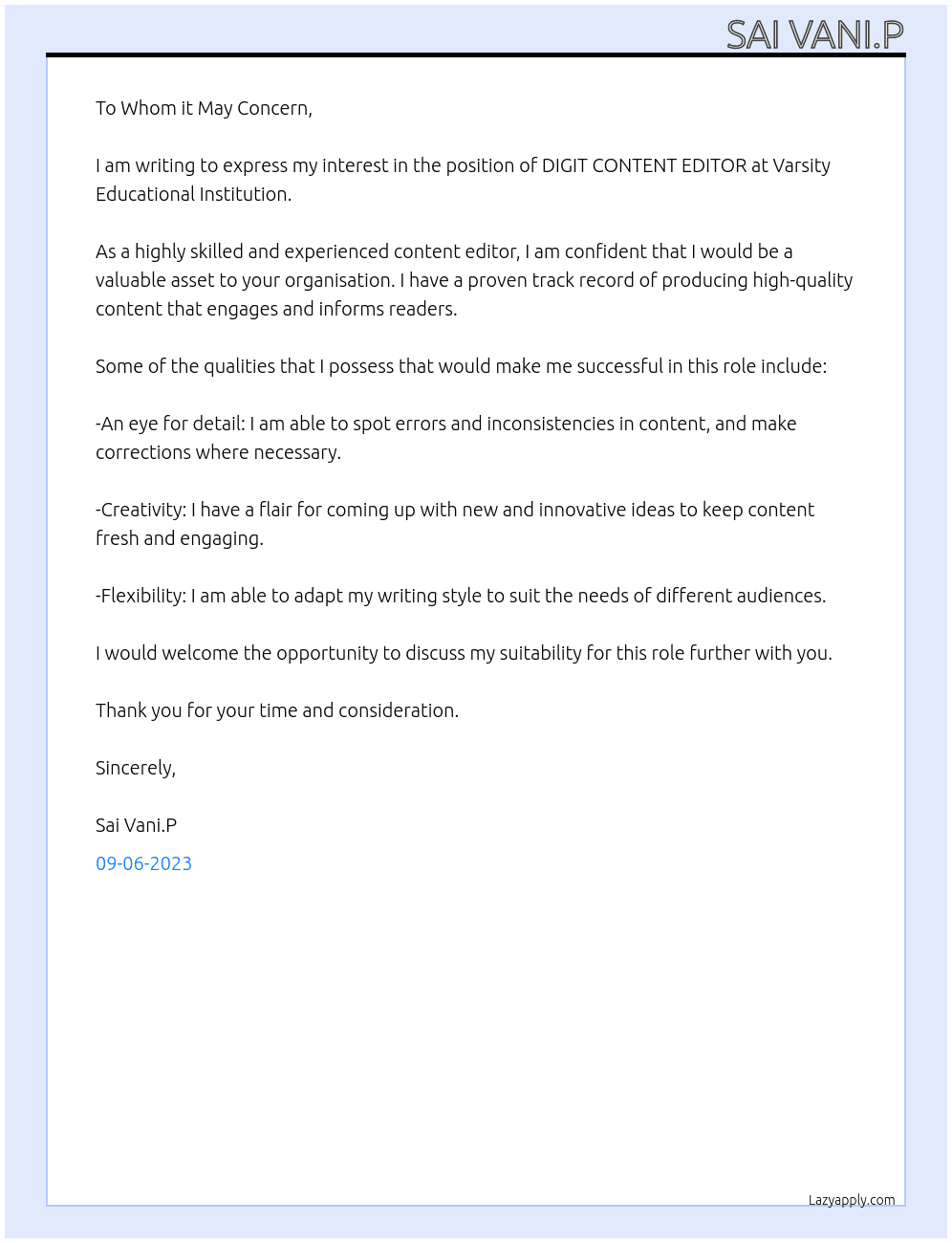 DIGIT CONTENT EDITOR At Varsity Educational Insitituion Cover Letter