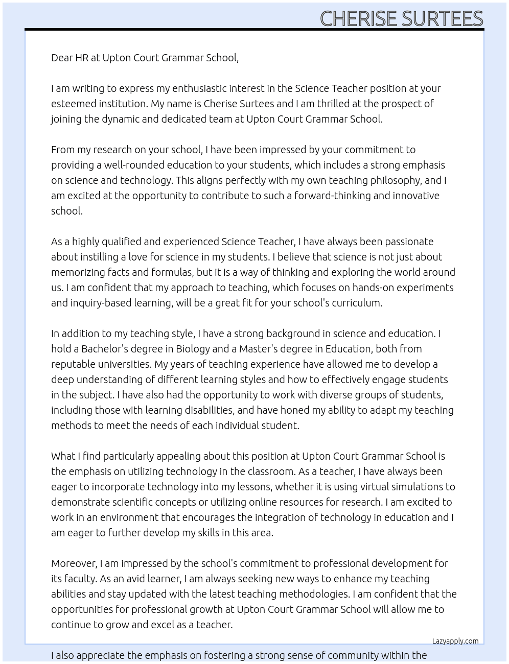 Science teacher At Upton Court Grammer school Cover Letter