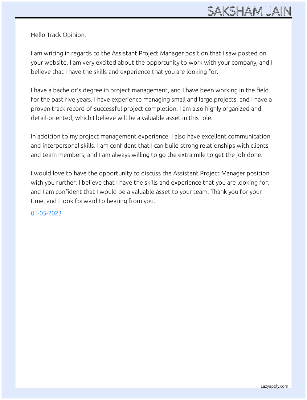 Assistant Project Manager At Track Opinion Cover Letter