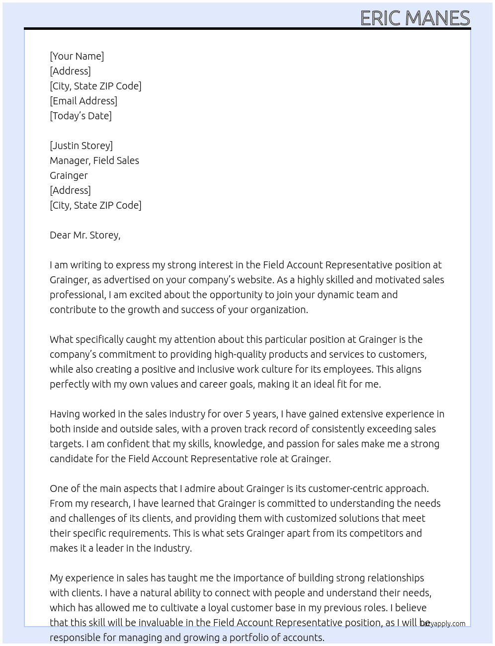 Field Account Representative At Grainger Cover Letter