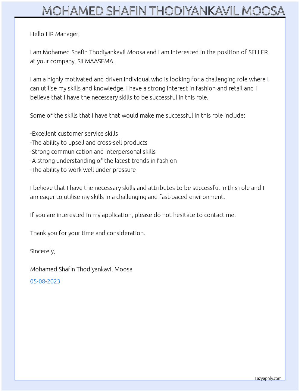 SELLER At SILMAASEMA Cover Letter