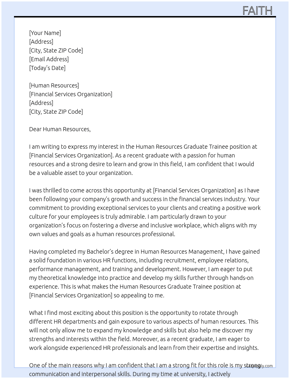 Human Resources Graduate Trainee  At Financial services organization  Cover Letter