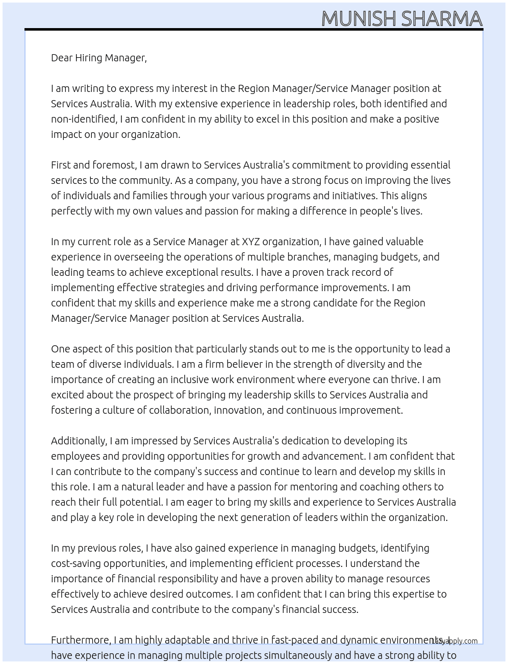 Region Manager/Service Manager - Leadership roles (Identified & Non-Identified At Services Australia Cover Letter