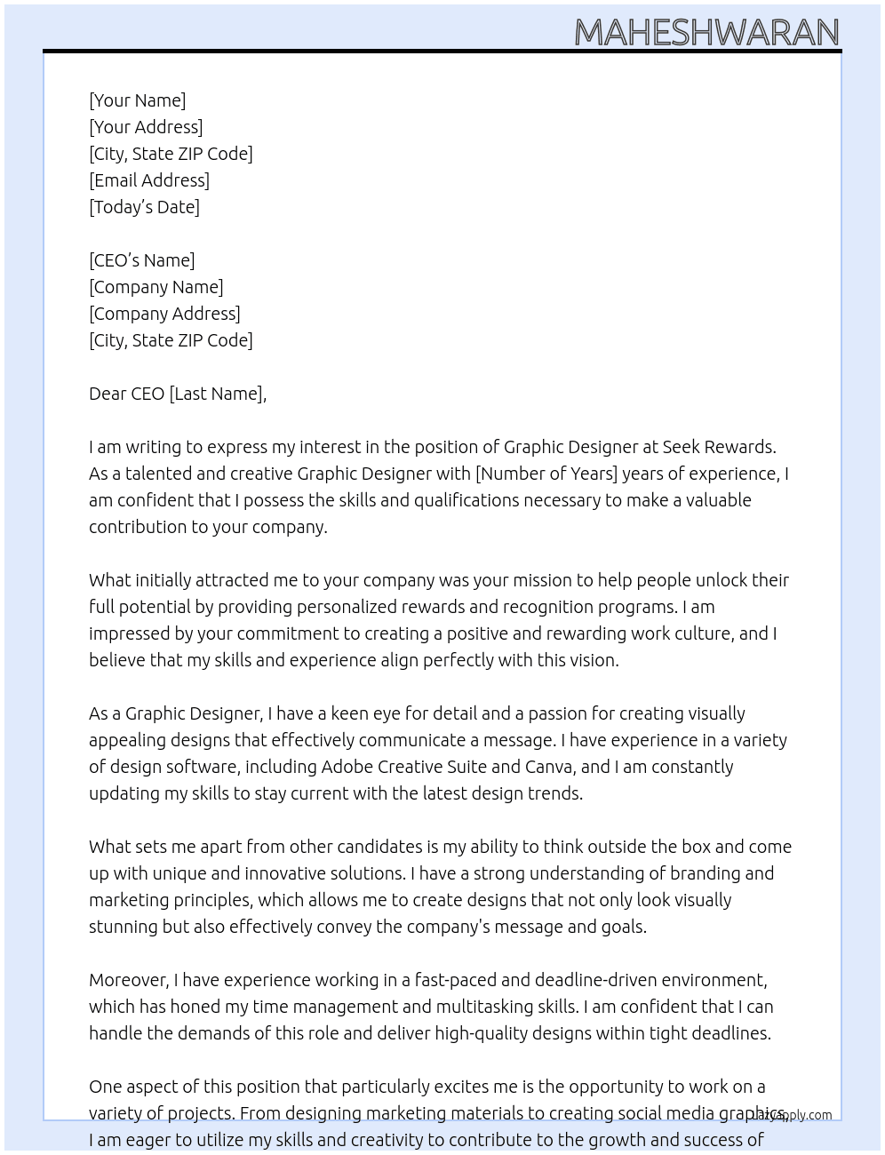Graphic Designer At seek rewards Cover Letter