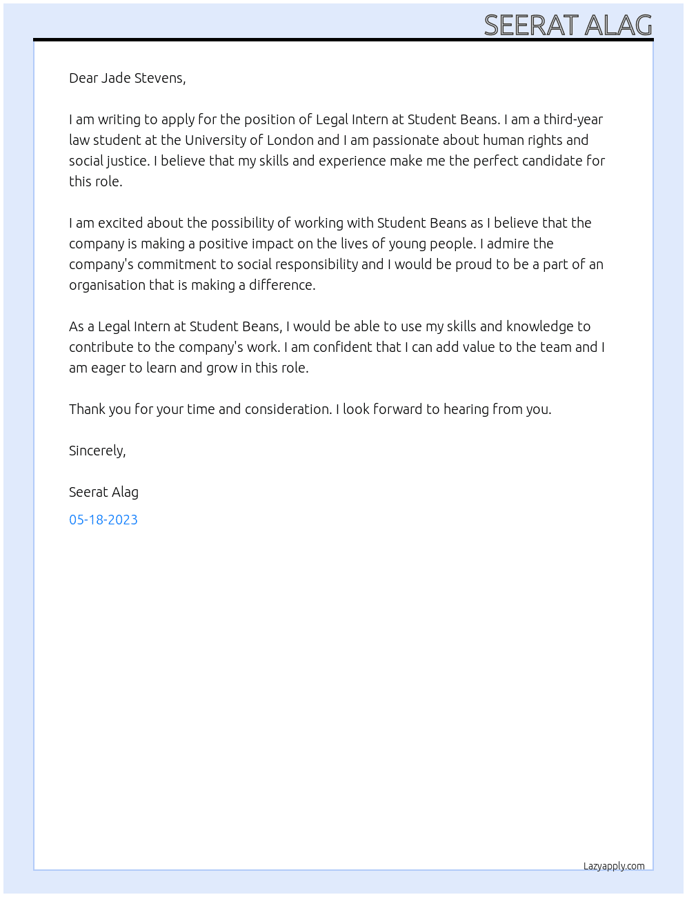 Legal Intern At Student Beans  Cover Letter