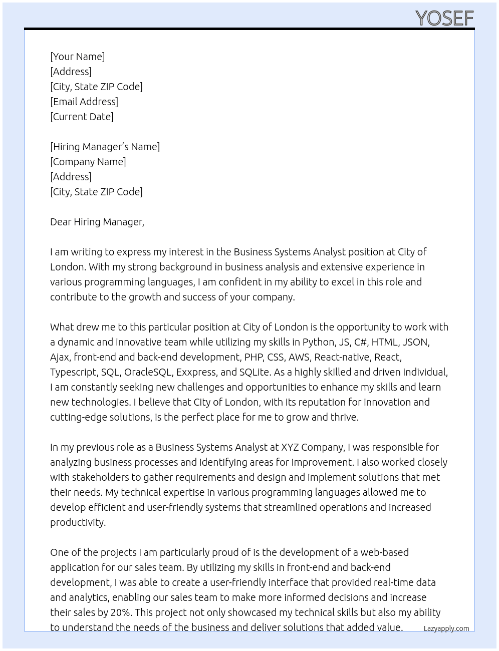 Business Systems Analyst At City of London Cover Letter