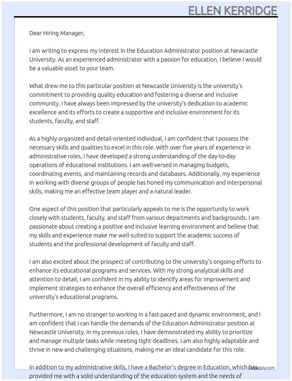 Education Administrator At Newcastle University Cover Letter