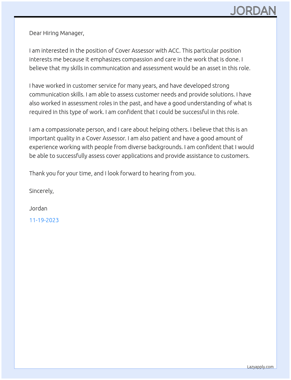 Cover Assesor  At ACC Cover Letter