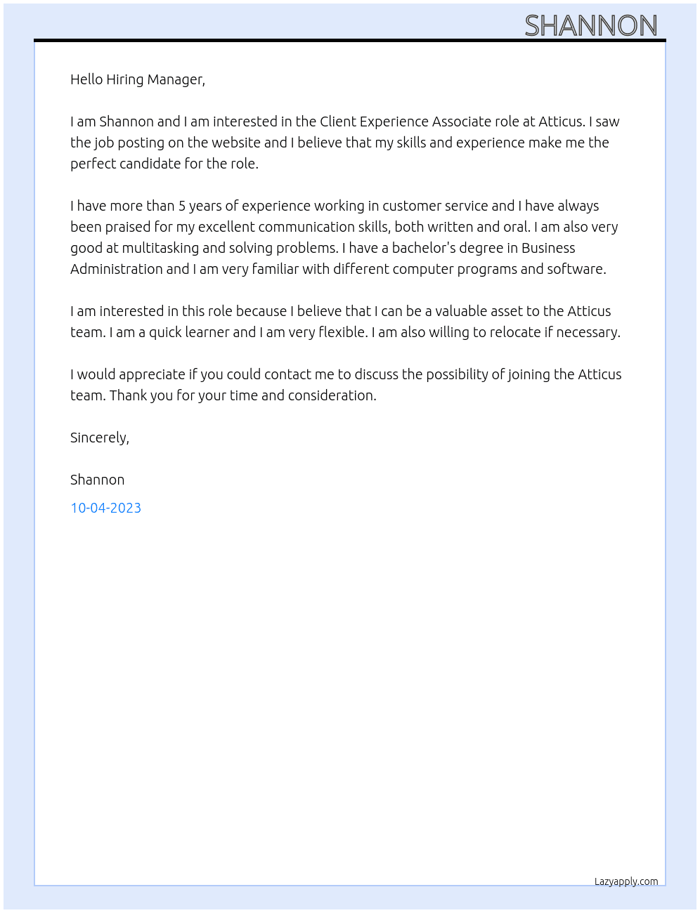 Client Experience Associate At Atticus Cover Letter