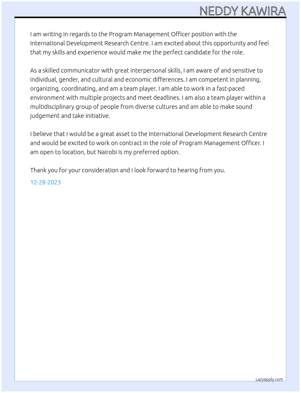 Program Management Officer At International Development Research Centre Cover Letter