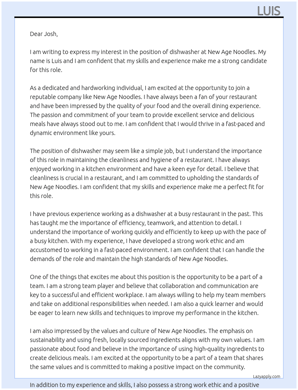 dishwasher At new age noodles Cover Letter