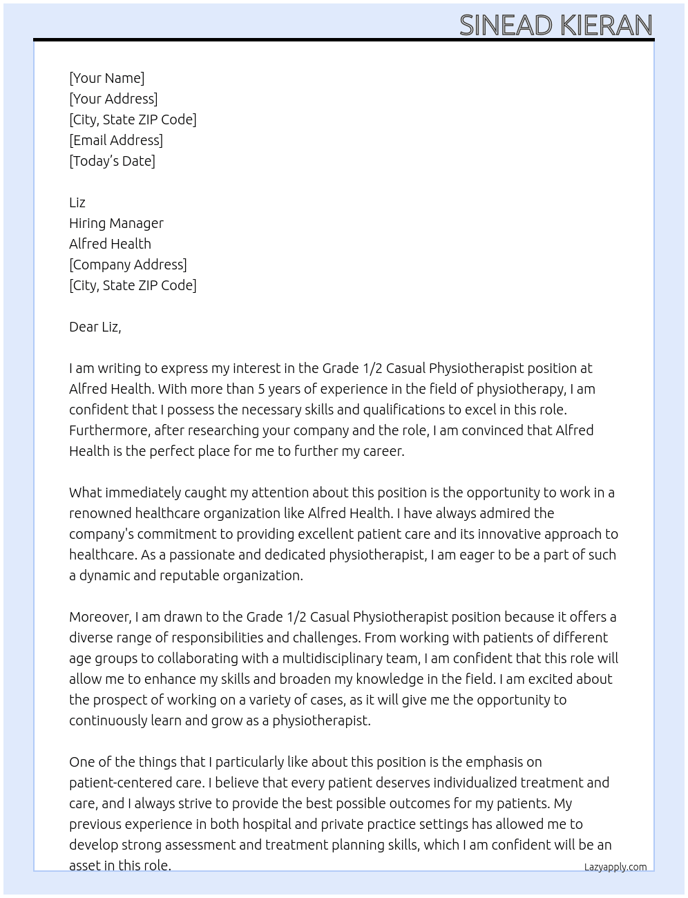 Grade 1/2 Casual Physiotherapist At Alfred Health Cover Letter