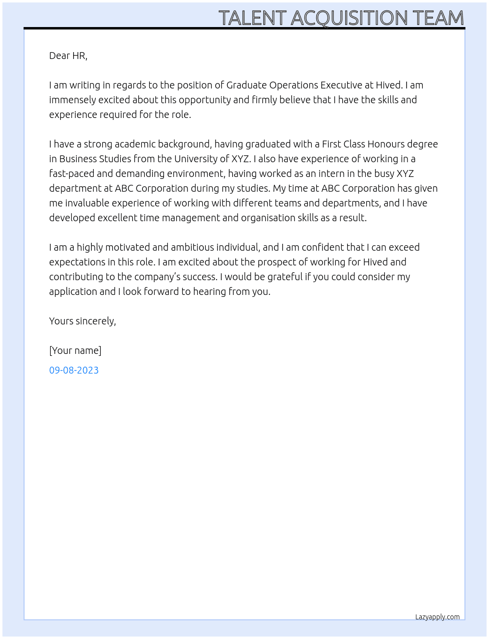 Graduate Operations Executive At Hived Cover Letter