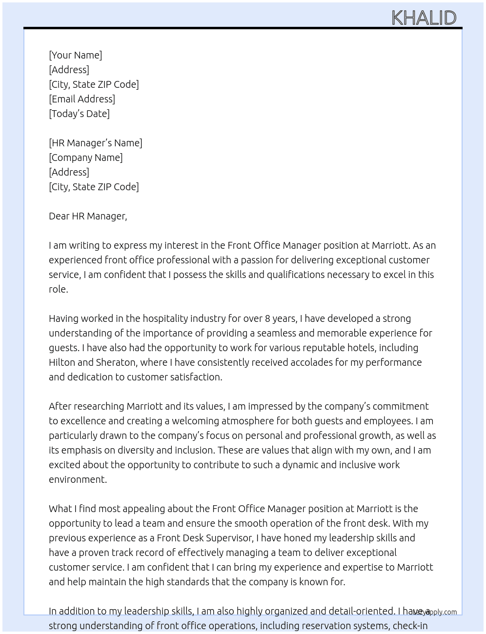 Front office manager At Marriott Cover Letter