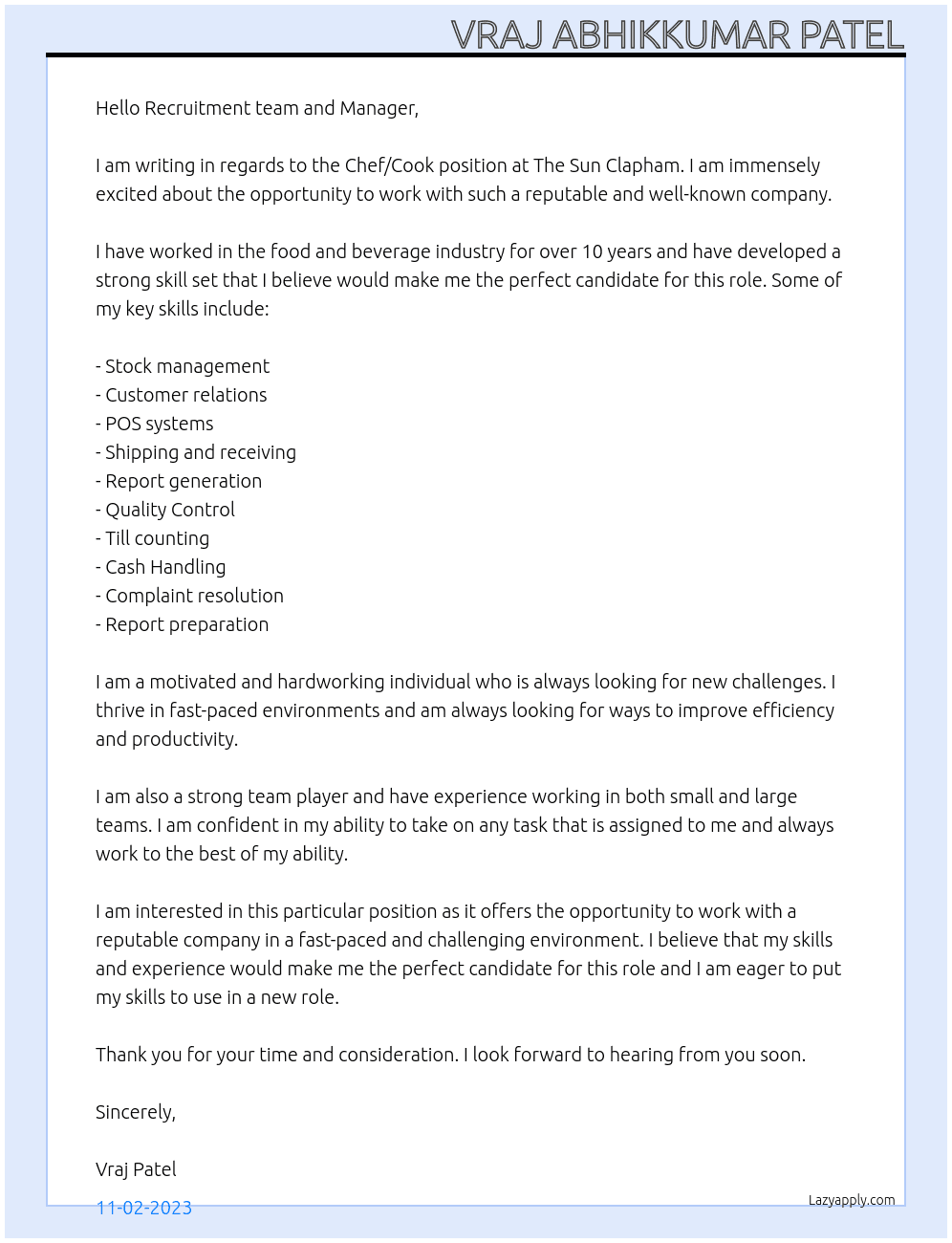 Chef/Cook At The Sun Clapham - London Cover Letter