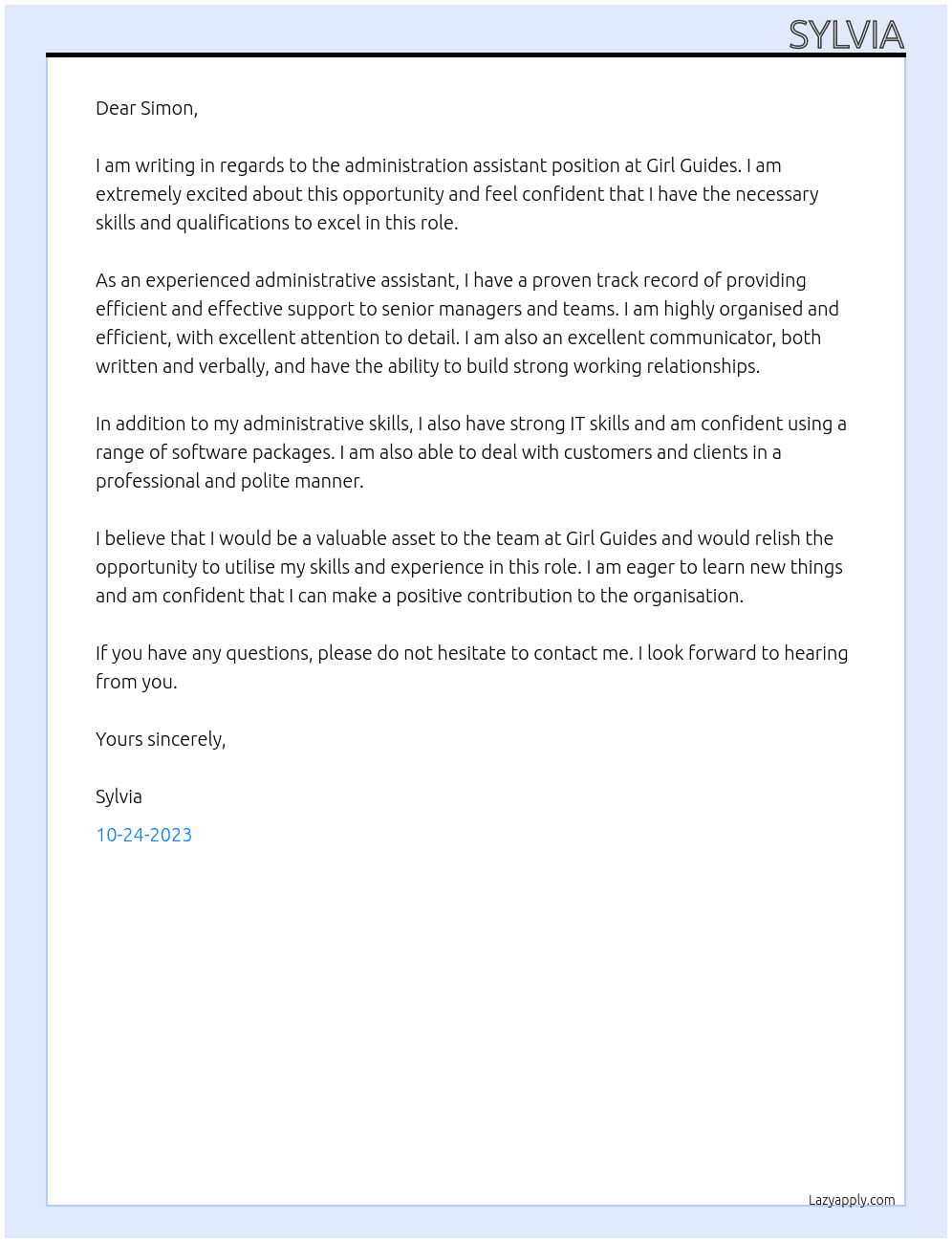 Administration assistant  At Girl guides Cover Letter