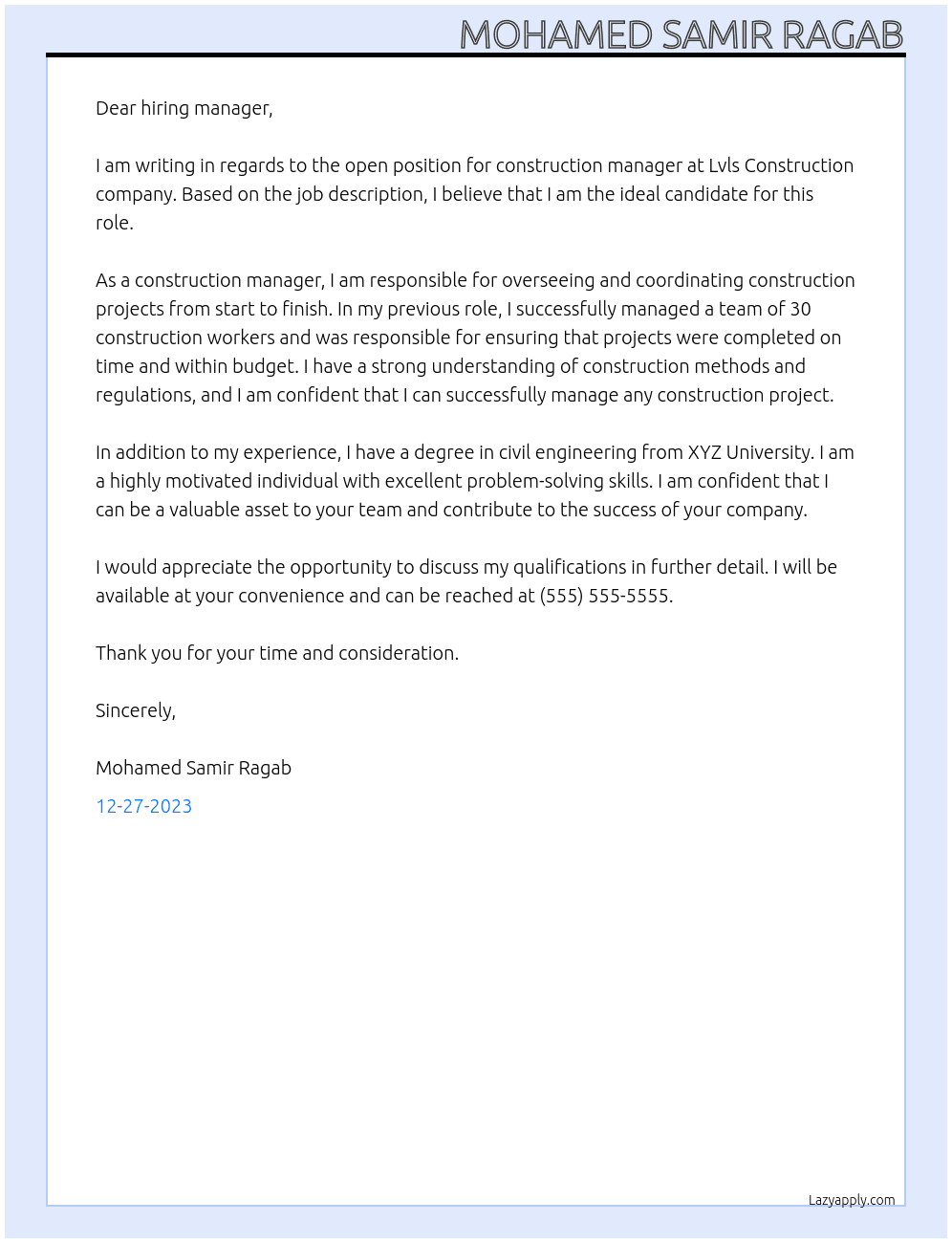Construction Manager At Lvls Construction comapny Cover Letter