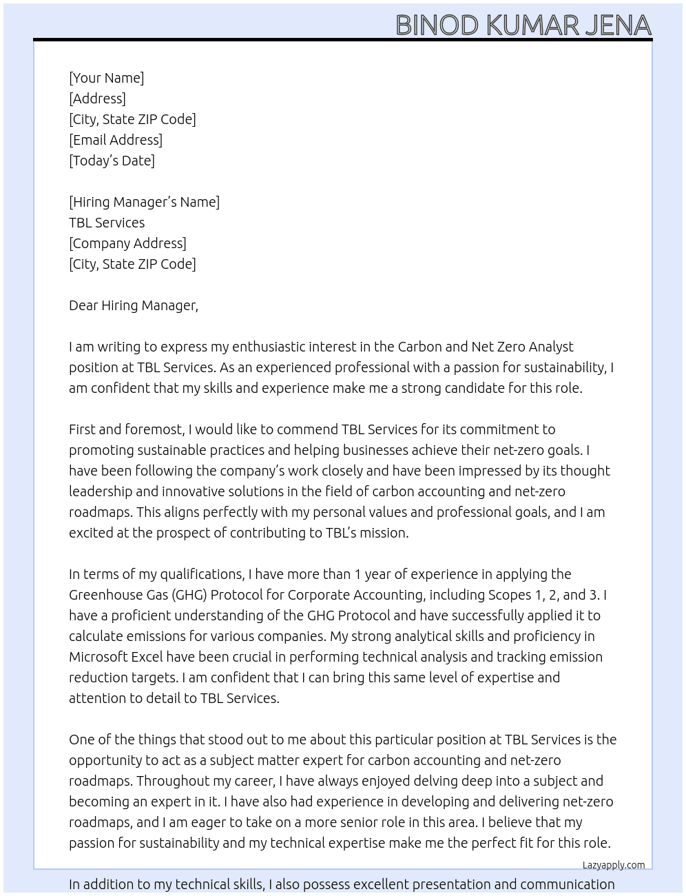 Carbon and Net Zero Analyst At TBL Services Cover Letter