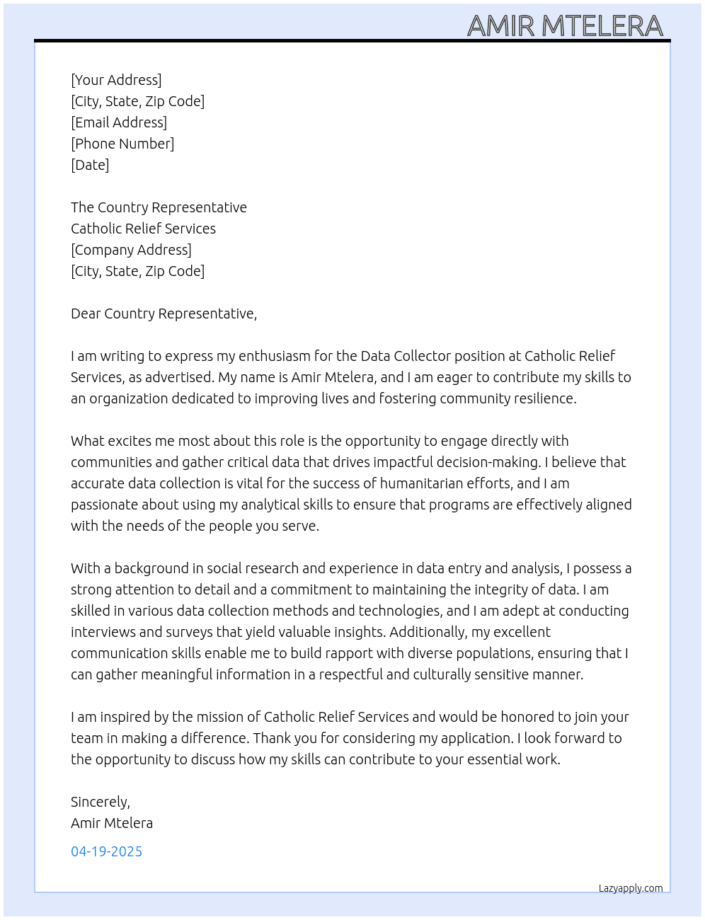 Data collectors  At Catholic relief service Cover Letter