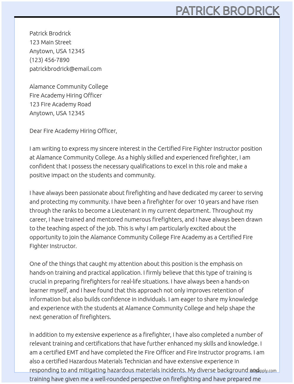 Certified Fire Fighter Instructor At Alamance Community College Cover Letter