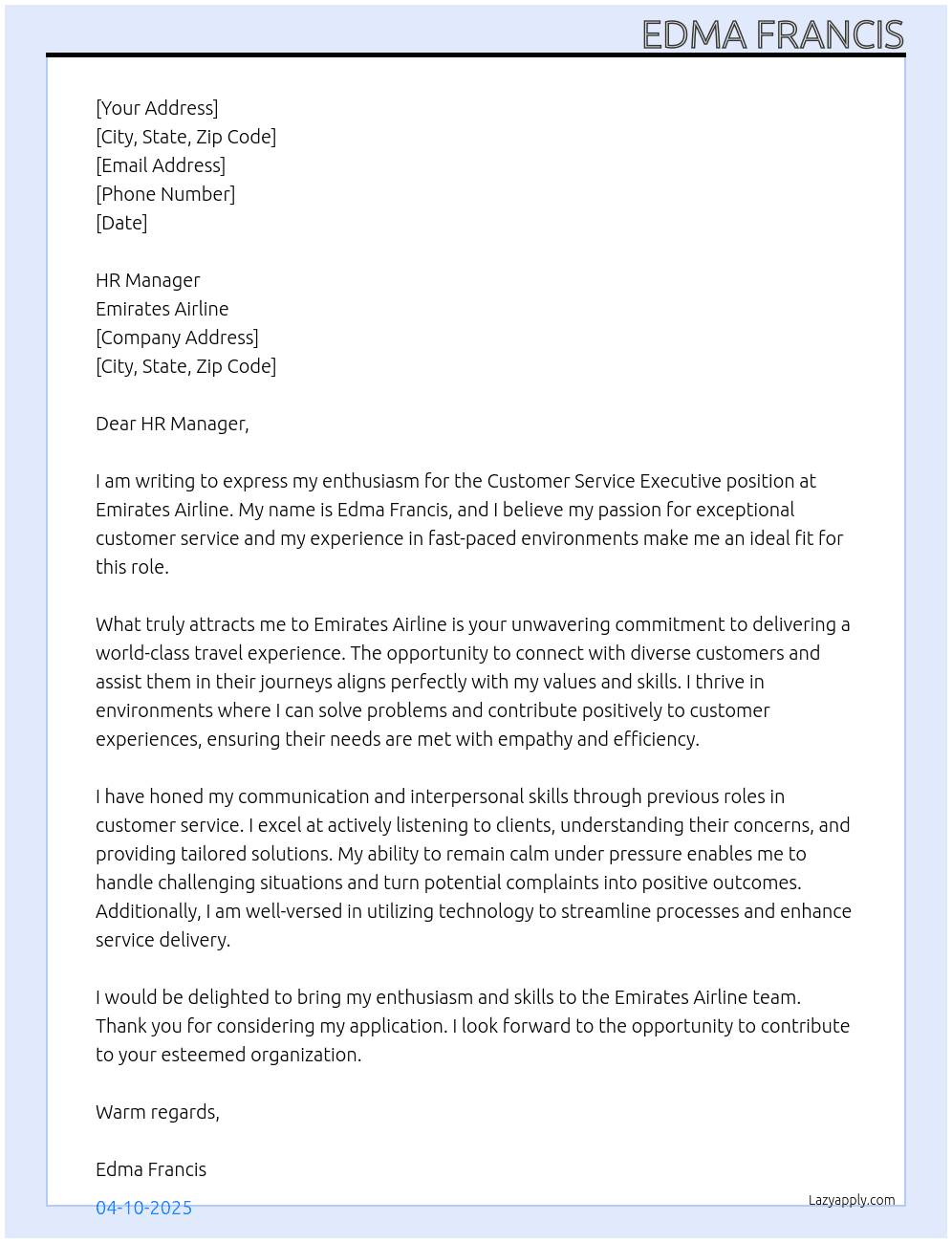 Customer service executive  At Emirates airline Cover Letter