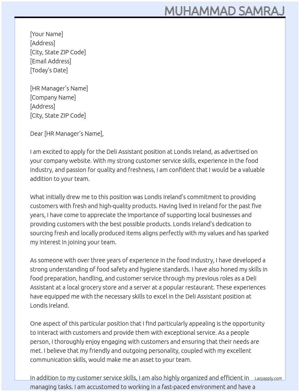 Deli Assistant At Londis Ireland Cover Letter