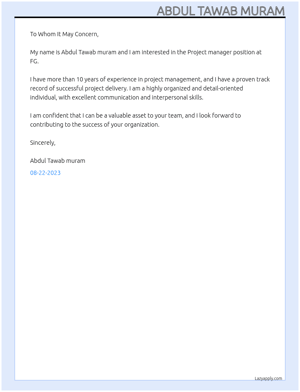 Project manager At FG Cover Letter