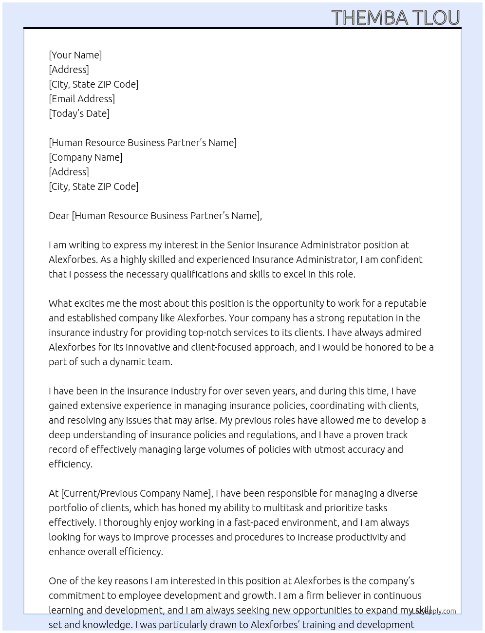 Senior Insurance Administrator At Alexforbes Cover Letter
