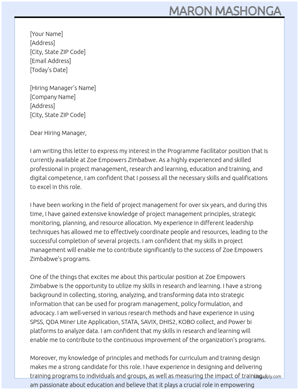 Programme Facilitator At Zoe Empowers Zimbabwe Cover Letter