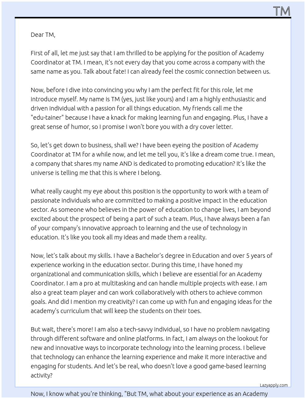 Academy Coordinator At TM Cover Letter