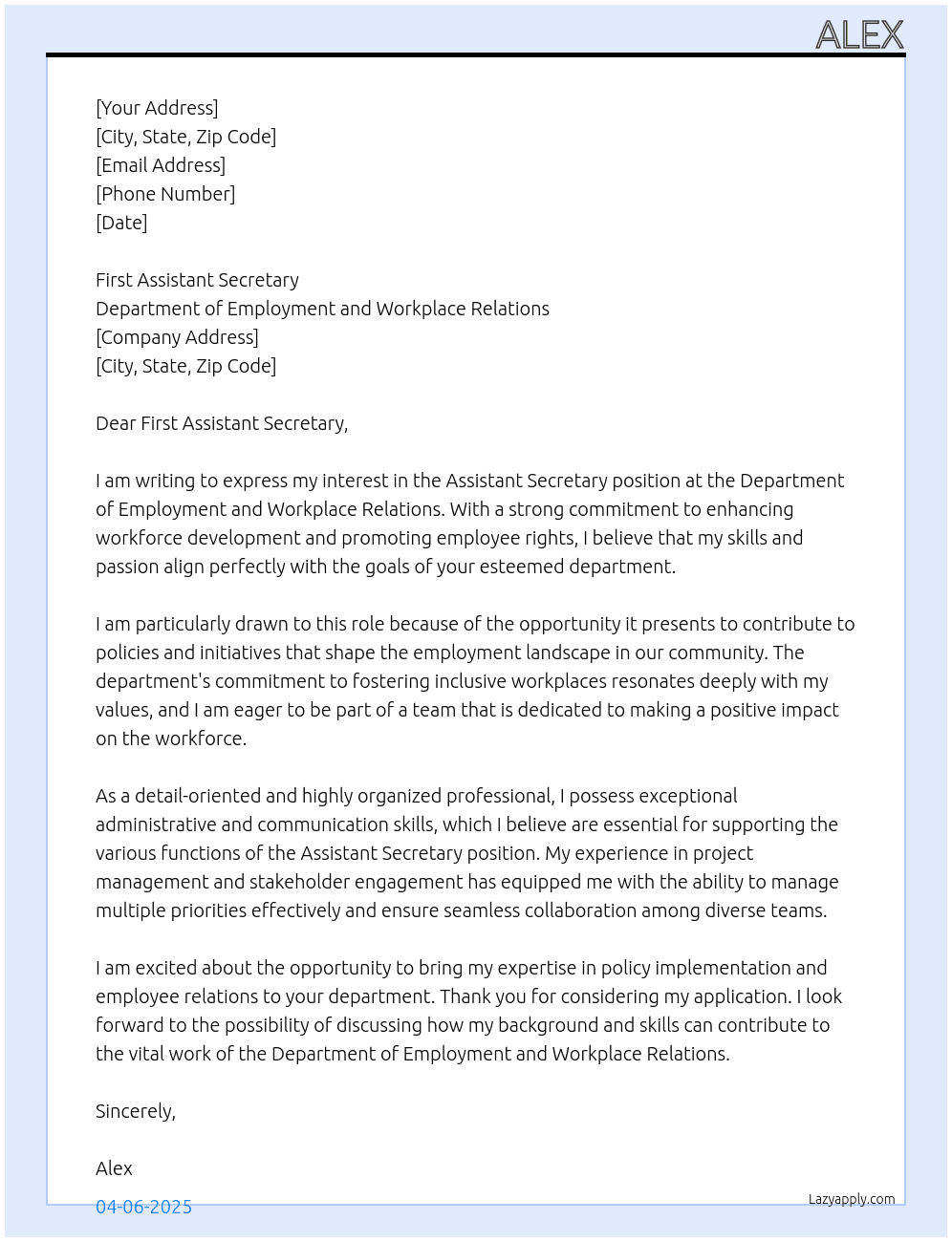 Assistant Secretary  At Department of Employment and Workplace Relations  Cover Letter