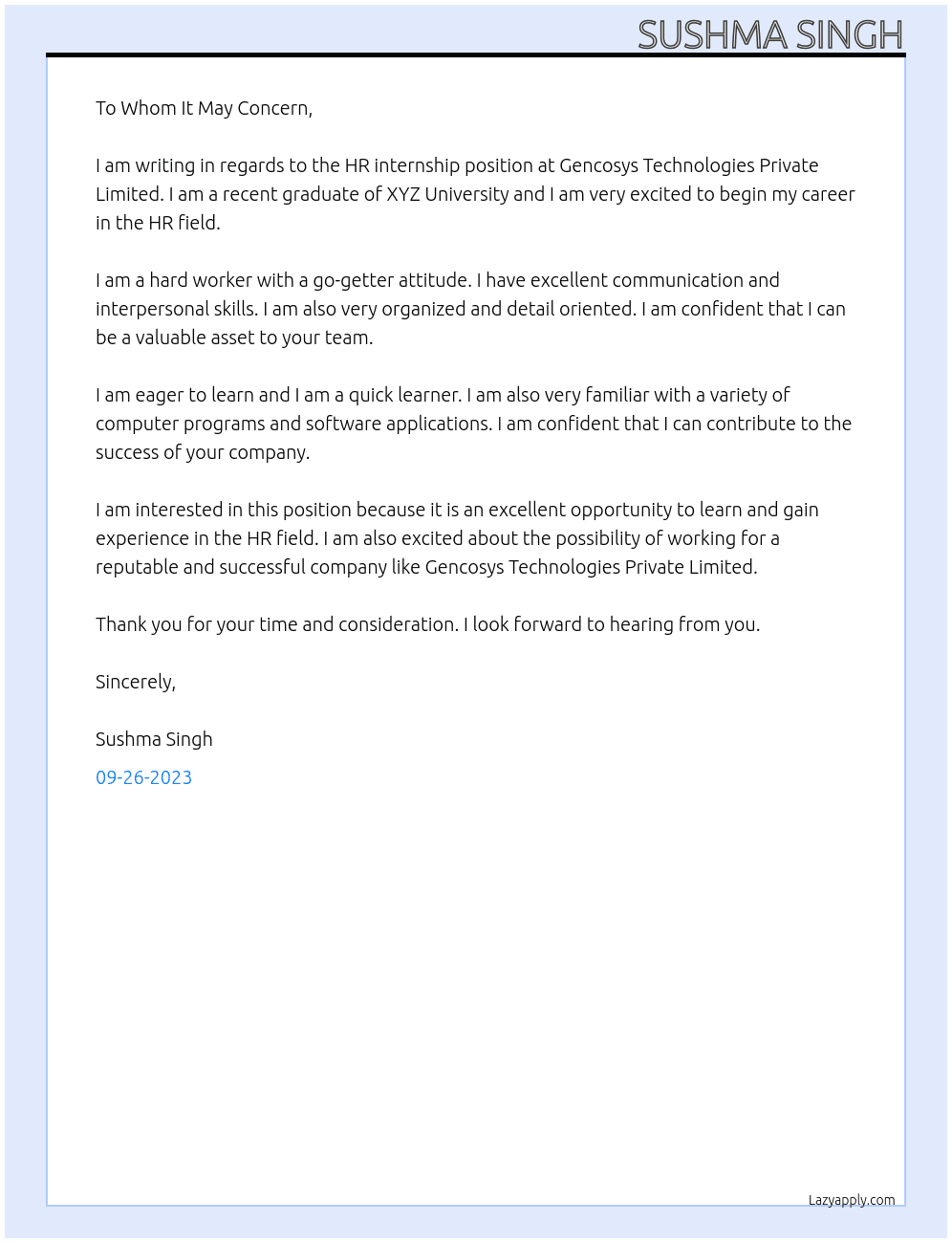 Hr internship At Gencosys technologies private limited Cover Letter