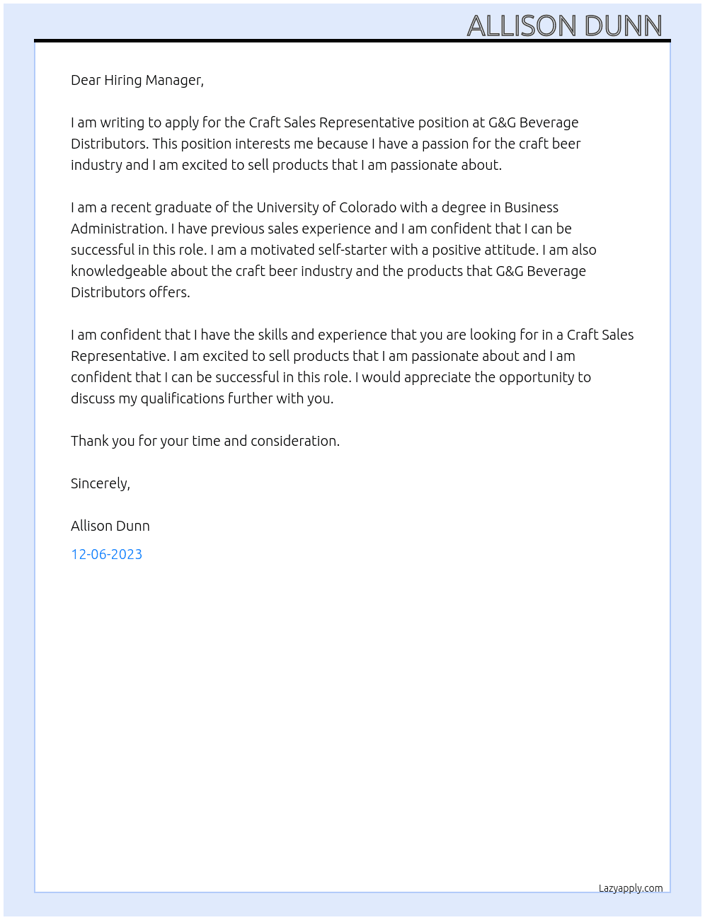 Craft Sales Representative  At G&G Beverage Distributors  Cover Letter